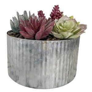 Faux Succulent Arrangement in Rustic Metal Pot - Echeveria & Sedum